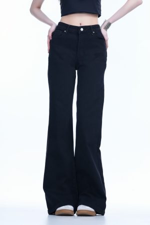 High-Waisted Retro Black Flared Jeans for Women, Slimming Floor-Length Summer Style, 90s Inspired Fashion