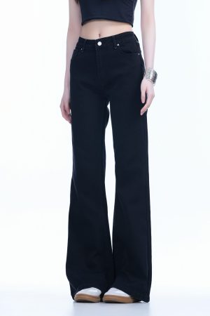 High-Waisted Retro Black Flared Jeans for Women, Slimming Floor-Length Summer Style, 90s Inspired Fashion