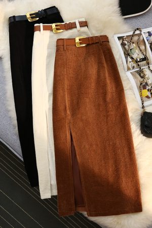 High-Waisted Retro Corduroy Midi Skirt in Hong Kong Style - Slimming A-Line Bodycon for Autumn and Winter Fashion