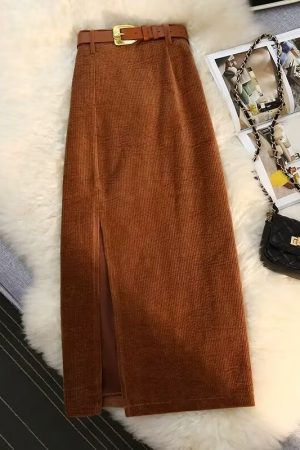 High-Waisted Retro Corduroy Midi Skirt in Hong Kong Style - Slimming A-Line Bodycon for Autumn and Winter Fashion