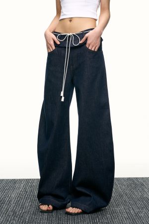 High-Waisted Ruffled Wide-Leg Floor-Length Jeans for Women - Deep Blue Washed Summer Style, Trendy Y2K Fashion