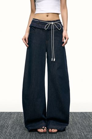 High-Waisted Ruffled Wide-Leg Floor-Length Jeans for Women - Deep Blue Washed Summer Style, Trendy Y2K Fashion