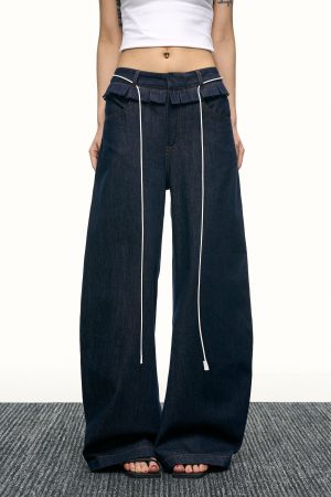 High-Waisted Ruffled Wide-Leg Floor-Length Jeans for Women - Deep Blue Washed Summer Style, Trendy Y2K Fashion