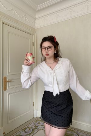 High-Waisted Sheer Polka Dot Skirt in Korean Retro Style for a Slightly Chubby Onii Look