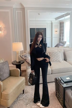High-Waisted Slim Black Floor-Length V-Waist Slightly Flared Pants for Women - Trendy Y2K Style Trousers