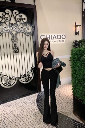 High-Waisted Slim Black Floor-Length V-Waist Slightly Flared Pants for Women - Trendy Y2K Style Trousers