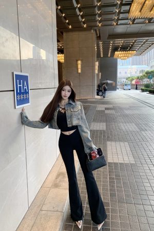 High-Waisted Slim Black Floor-Length V-Waist Slightly Flared Pants for Women - Trendy Y2K Style Trousers
