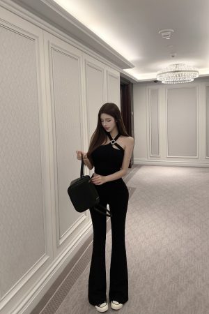 High-Waisted Slim Black Floor-Length V-Waist Slightly Flared Pants for Women - Trendy Y2K Style Trousers