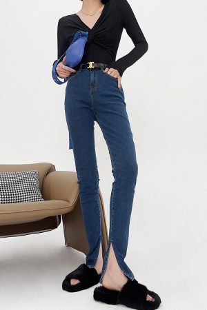 High-Waisted Slim-Fit Stretchy Skinny Jeans with Side Slits for Women - Lightweight Fabric, Perfect for Autumn and Spring