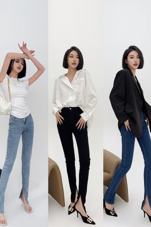 High-Waisted Slim-Fit Stretchy Skinny Jeans with Side Slits for Women - Lightweight Fabric, Perfect for Autumn and Spring