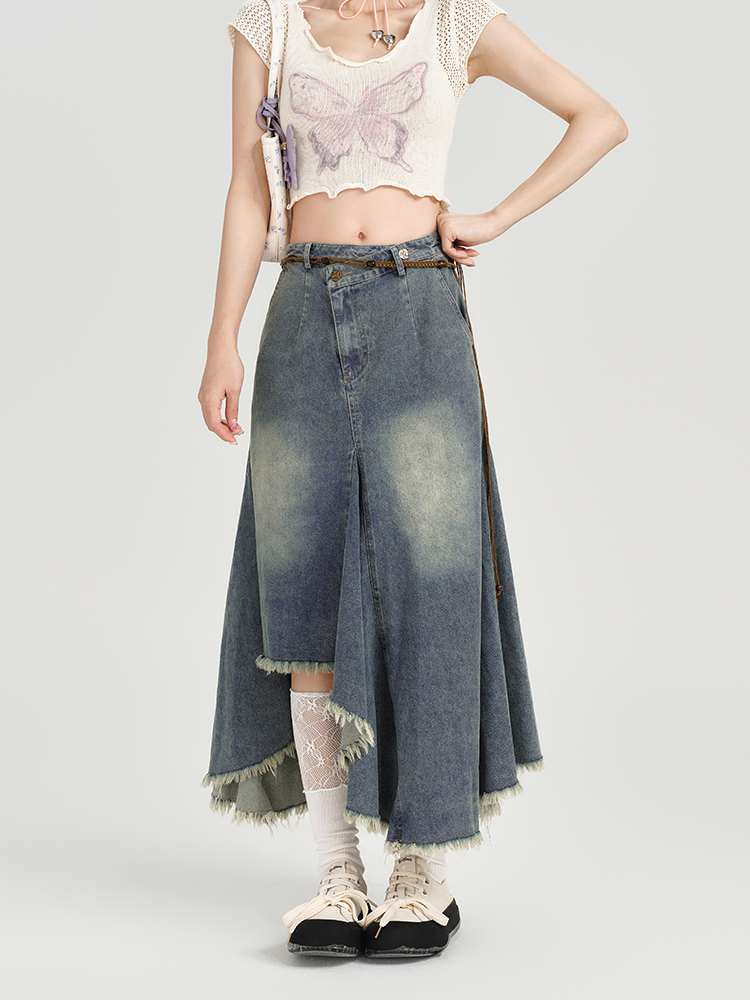 High-Waisted Slim Fit Vintage Denim Skirt for Women - Irregular Hem, Summer Style, Retro Fashion High-Waisted Slim Fit Vintage Denim Skirt for Women - Irregular Hem, Summer Style, Retro Fashion