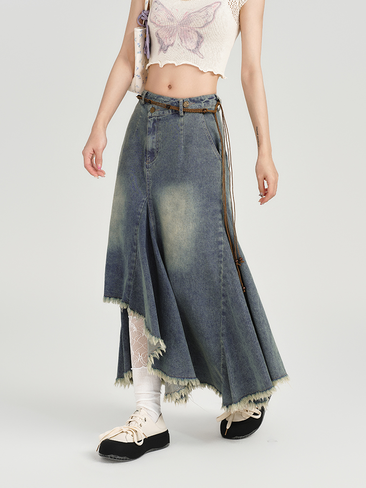 High-Waisted Slim Fit Vintage Denim Skirt for Women - Irregular Hem, Summer Style, Retro Fashion High-Waisted Slim Fit Vintage Denim Skirt for Women - Irregular Hem, Summer Style, Retro Fashion