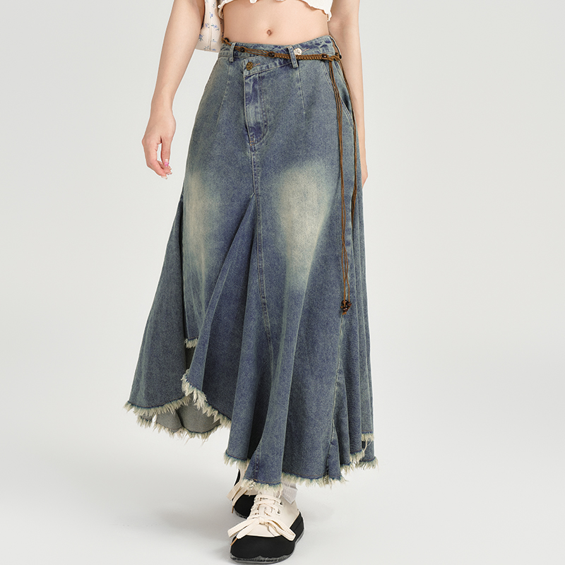 High-Waisted Slim Fit Vintage Denim Skirt for Women - Irregular Hem, Summer Style, Retro Fashion High-Waisted Slim Fit Vintage Denim Skirt for Women - Irregular Hem, Summer Style, Retro Fashion