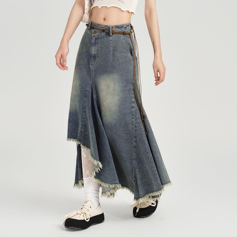 High-Waisted Slim Fit Vintage Denim Skirt for Women - Irregular Hem, Summer Style, Retro Fashion High-Waisted Slim Fit Vintage Denim Skirt for Women - Irregular Hem, Summer Style, Retro Fashion