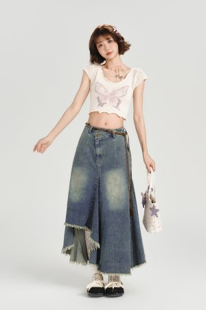 High-Waisted Slim Fit Vintage Denim Skirt for Women - Irregular Hem, Summer Style, Retro Fashion