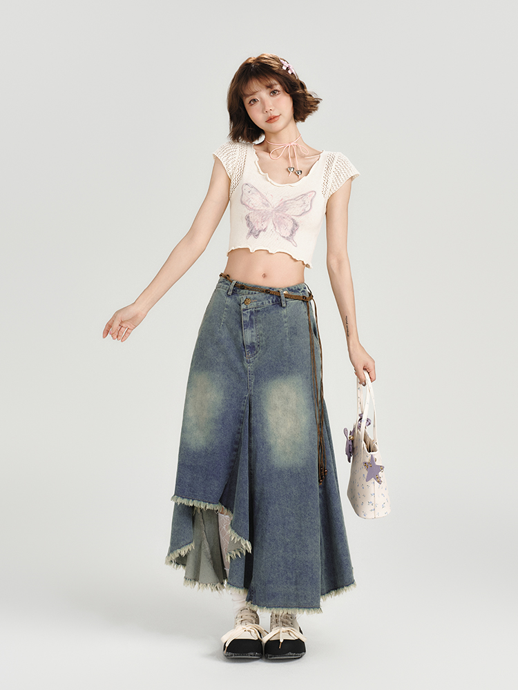 High-Waisted Slim Fit Vintage Denim Skirt for Women - Irregular Hem, Summer Style, Retro Fashion High-Waisted Slim Fit Vintage Denim Skirt for Women - Irregular Hem, Summer Style, Retro Fashion