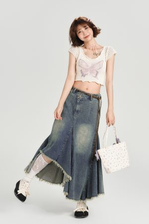 High-Waisted Slim Fit Vintage Denim Skirt for Women - Irregular Hem, Summer Style, Retro Fashion