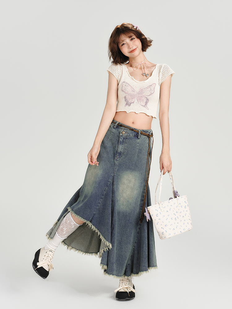 High-Waisted Slim Fit Vintage Denim Skirt for Women - Irregular Hem, Summer Style, Retro Fashion High-Waisted Slim Fit Vintage Denim Skirt for Women - Irregular Hem, Summer Style, Retro Fashion