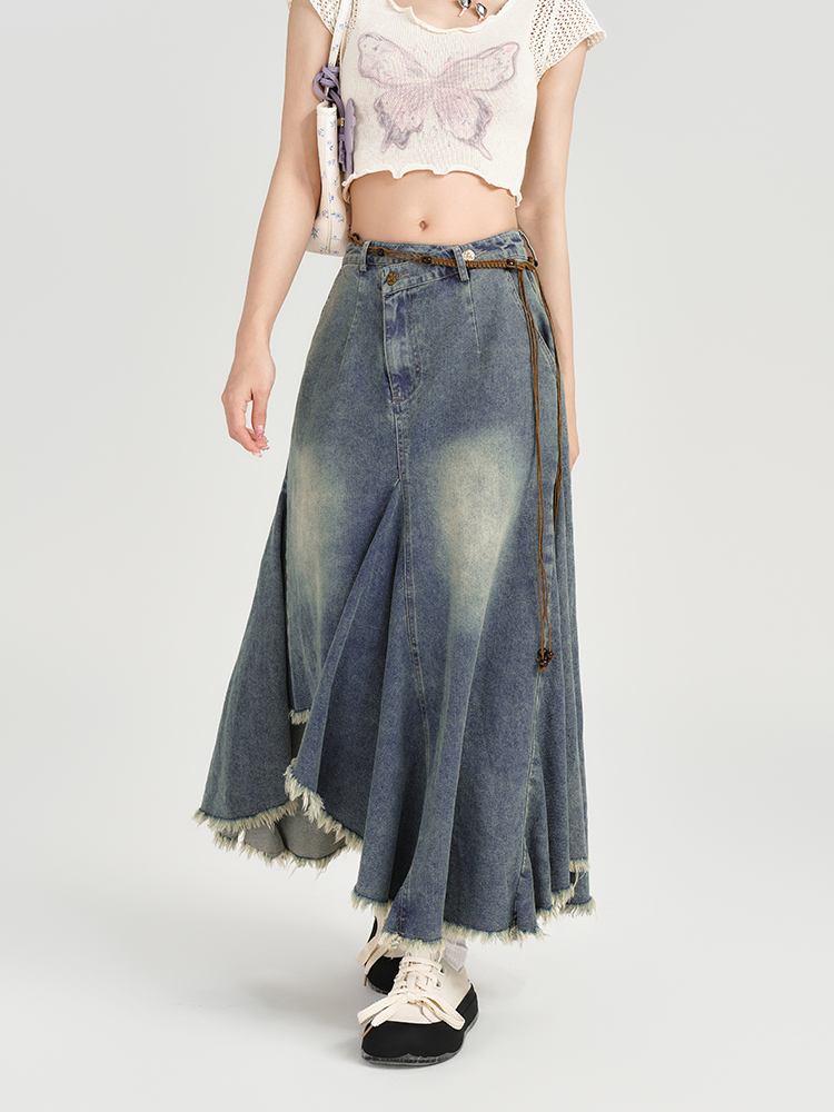 High-Waisted Slim Fit Vintage Denim Skirt for Women - Irregular Hem, Summer Style, Retro Fashion High-Waisted Slim Fit Vintage Denim Skirt for Women - Irregular Hem, Summer Style, Retro Fashion