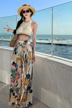 High-Waisted Split Wide-Leg Beach Pants for Women - Lightweight Sun-Protective Chiffon Vacation Trousers, Loose Draped Style