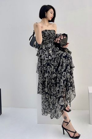 High-Waisted Strapless Summer Dress in Light Chiffon - Printed Long Skirt for Vacation, Trendy High-End Fashion