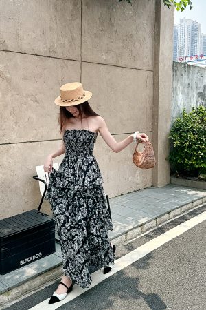 High-Waisted Strapless Summer Dress in Light Chiffon - Printed Long Skirt for Vacation, Trendy High-End Fashion