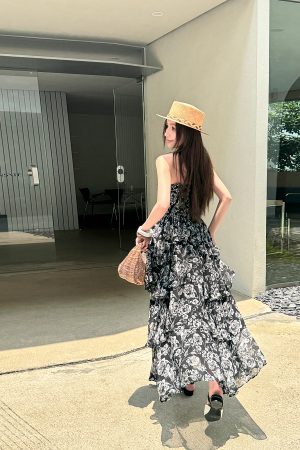 High-Waisted Strapless Summer Dress in Light Chiffon - Printed Long Skirt for Vacation, Trendy High-End Fashion