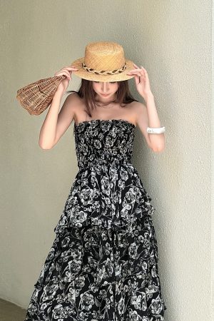 High-Waisted Strapless Summer Dress in Light Chiffon - Printed Long Skirt for Vacation, Trendy High-End Fashion