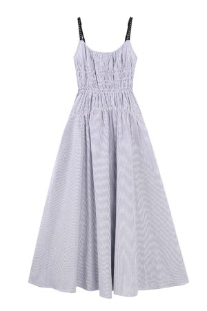 High-Waisted Striped Summer Dress with Spaghetti Straps - Casual Fairy-Like Slim Fit Long Dress in Light Fabric Fashion