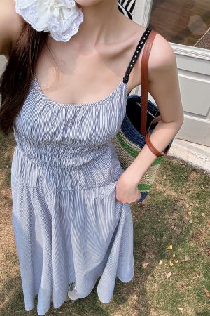 High-Waisted Striped Summer Dress with Spaghetti Straps - Casual Fairy-Like Slim Fit Long Dress in Light Fabric Fashion