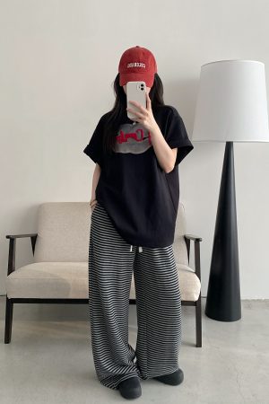 High-Waisted Striped Wide-Leg Casual Pants with Sun Grapefruit Print - Trendy Spring Summer Style for Women