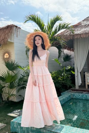 High-Waisted V-Neck Camisole Dress in Light Cotton with Heavy Embroidery and Flowy Skirt for Summer Vacation - Trendy and Chic