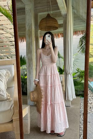 High-Waisted V-Neck Camisole Dress in Light Cotton with Heavy Embroidery and Flowy Skirt for Summer Vacation - Trendy and Chic