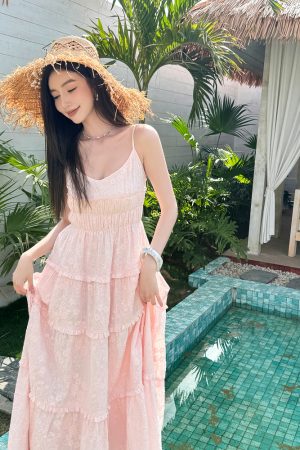 High-Waisted V-Neck Camisole Dress in Light Cotton with Heavy Embroidery and Flowy Skirt for Summer Vacation - Trendy and Chic