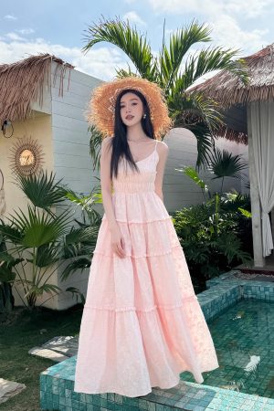 High-Waisted V-Neck Camisole Dress in Light Cotton with Heavy Embroidery and Flowy Skirt for Summer Vacation - Trendy and Chic