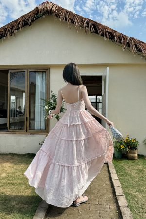 High-Waisted V-Neck Camisole Dress in Light Cotton with Heavy Embroidery and Flowy Skirt for Summer Vacation - Trendy and Chic