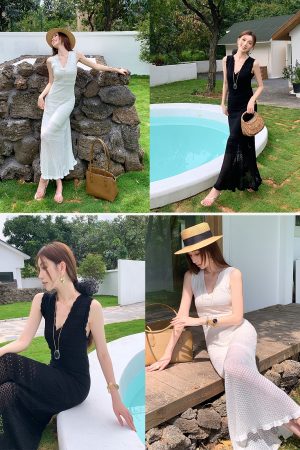 High-Waisted V-Neck Tencel Knit Hollow Dress - Slim Fit Long Skirt for Women, Perfect for Spring and Summer Style