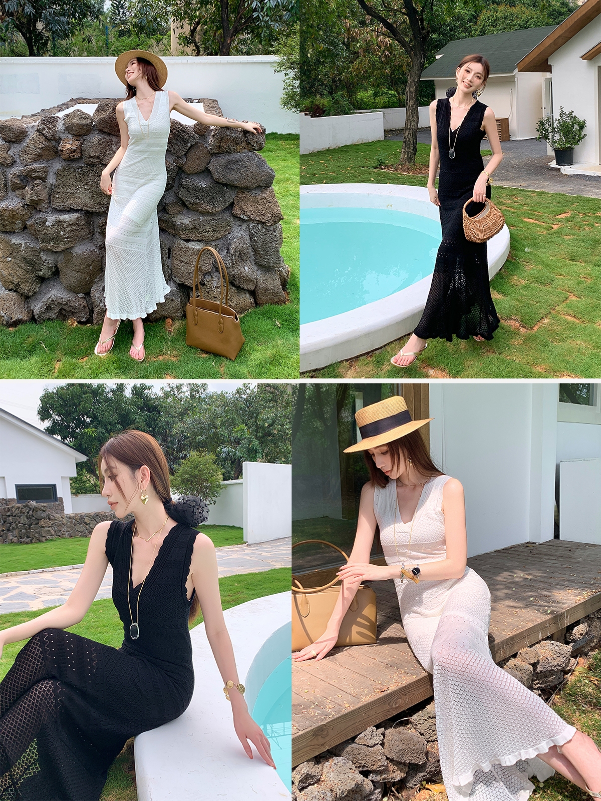 High-Waisted V-Neck Tencel Knit Hollow Dress - Slim Fit Long Skirt for Women, Perfect for Spring and Summer Style High-Waisted V-Neck Tencel Knit Hollow Dress - Slim Fit Long Skirt for Women, Perfect for Spring and Summer Style