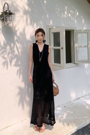 High-Waisted V-Neck Tencel Knit Hollow Dress - Slim Fit Long Skirt for Women, Perfect for Spring and Summer Style