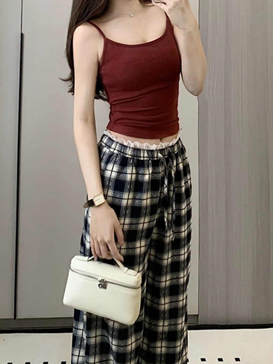 High-Waisted Vintage Plaid Casual Pants with Drawstring - American Style Slim-Fit Wide-Leg Design High-Waisted Vintage Plaid Casual Pants with Drawstring - American Style Slim-Fit Wide-Leg Design
