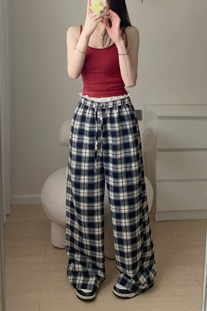 High-Waisted Vintage Plaid Casual Pants with Drawstring - American Style Slim-Fit Wide-Leg Design