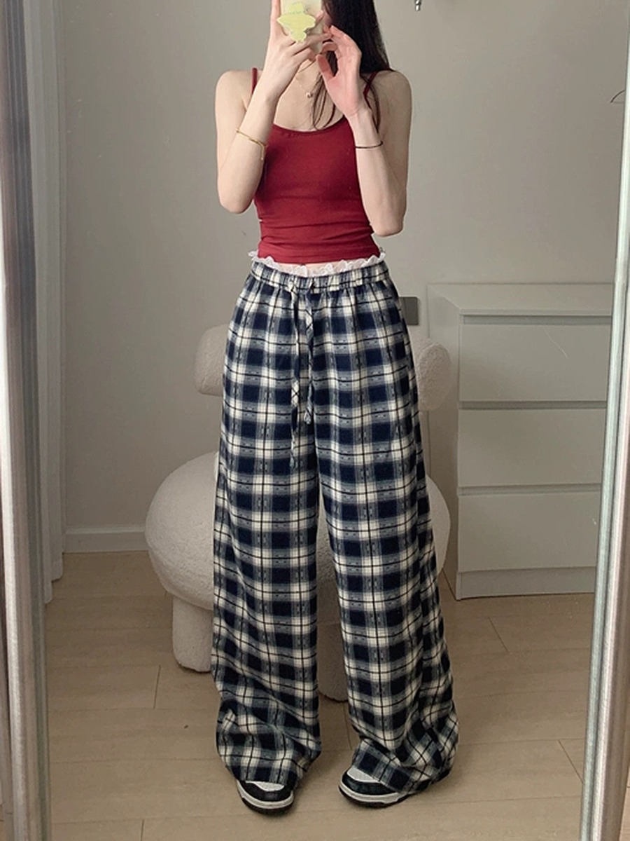 High-Waisted Vintage Plaid Casual Pants with Drawstring - American Style Slim-Fit Wide-Leg Design High-Waisted Vintage Plaid Casual Pants with Drawstring - American Style Slim-Fit Wide-Leg Design