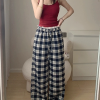 High-Waisted Vintage Plaid Casual Pants with Drawstring - American Style Slim-Fit Wide-Leg Design