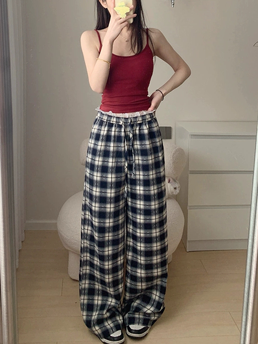 High-Waisted Vintage Plaid Casual Pants with Drawstring - American Style Slim-Fit Wide-Leg Design High-Waisted Vintage Plaid Casual Pants with Drawstring - American Style Slim-Fit Wide-Leg Design