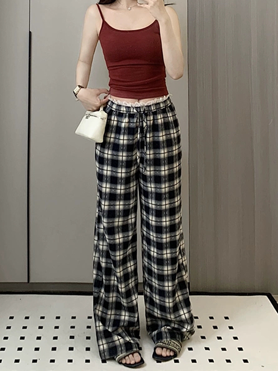 High-Waisted Vintage Plaid Casual Pants with Drawstring - American Style Slim-Fit Wide-Leg Design High-Waisted Vintage Plaid Casual Pants with Drawstring - American Style Slim-Fit Wide-Leg Design