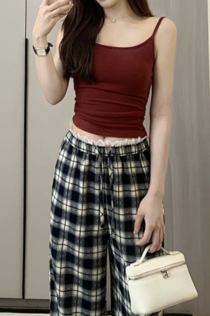 High-Waisted Vintage Plaid Casual Pants with Drawstring - American Style Slim-Fit Wide-Leg Design