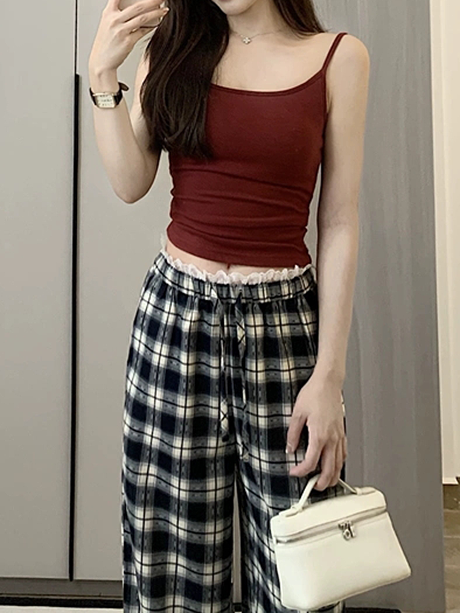 High-Waisted Vintage Plaid Casual Pants with Drawstring - American Style Slim-Fit Wide-Leg Design High-Waisted Vintage Plaid Casual Pants with Drawstring - American Style Slim-Fit Wide-Leg Design