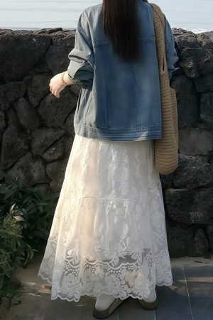 High-Waisted White Lace Tulle Half-Length Skirt for Women, Slimming A-Line Design, Summer 2025 Fashion, Perfect for Effortless Style