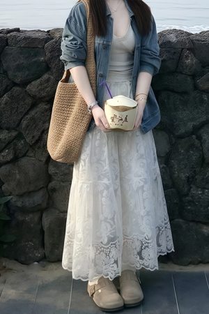 High-Waisted White Lace Tulle Half-Length Skirt for Women, Slimming A-Line Design, Summer 2025 Fashion, Perfect for Effortless Style