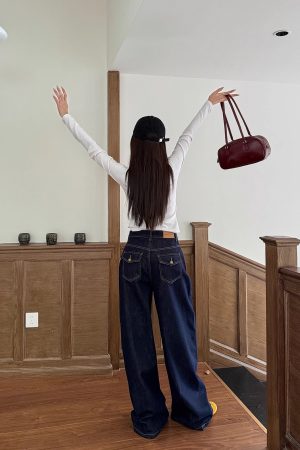 High-Waisted Wide-Leg Jeans for Women - Light Fabric, Deep Blue, Retro American Style, Casual Spring Fashion